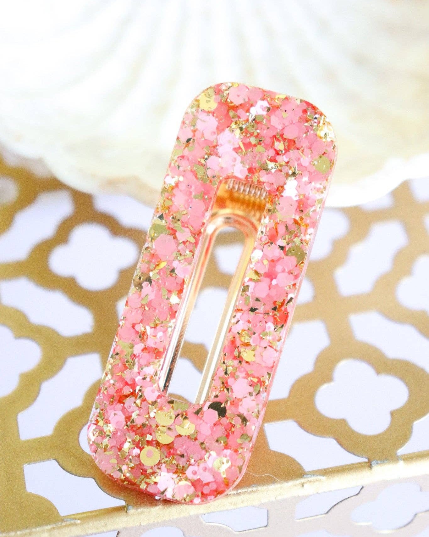 Barrette cheveux paillettes rose et or